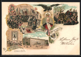 Lithographie Kaiser Wilhelm I., Kaiserproklamation 1871, Palais In Berlin, Kaiser Wilhelm I. Letzter Gruss Am 3. März  - Familles Royales