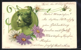 Präge-Lithographie Dame Mit Blumen Im Jugendstil  - Other & Unclassified