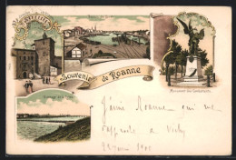 Lithographie Roanne, Bassin Du Canal, Monument Des Combattants, L`ancien Château  - Roanne