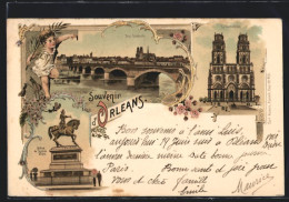 Lithographie Orleans, La Cathédrale, Statue De Jeanne D`Arc  - Orleans