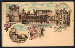 Lithographie Loches, Hotel De Ville, Le Chateau, Porte Des Cordeliers, Le Donjon  - Loches