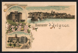 Lithographie Avignon, Place Et Hôtel De Ville, Porte Du Château Saint-Andre  - Avignon