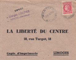 HAUTE VIENNE ENV 1946 NANTIAT TYPE A5 HOROPLAN SUR CORRESPONDANCE DE PRESSE - 1921-1960: Période Moderne