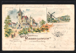 Lithographie Gehrden, Berg-Gasthaus Niedersachsen Auf Dem Gehrdener Berg, Ortspartie Mit Windmühle  - Autres & Non Classés