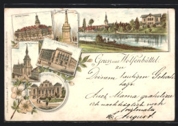 Vorläufer-Lithographie Wolfenbüttel, 1894, Herzogl. Schloss, Flusspartie, Garnisons-Kirche  - Wolfenbüttel