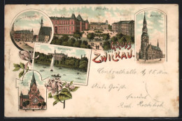 Vorläufer-Lithographie Zwickau, 1895, Albertplatz, Marienkirche, Hauptmarkt, Moritzkirche  - Zwickau