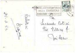 CARTOLINA CAGLIARI STAZIONE CON ANNULLO TARGHETTA FIERA SARDEGNA - 1946-60: Storia Postale