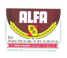 BROUWERIJ HUYGHE - MELLE - ALFA  - TAFELBIER -  33 CL -   BIERETIKET  (BE 909) - Birra