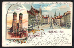 Lithographie München, Frauenkirchen, Marienplatz  - Muenchen
