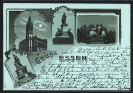 Mondschein-Lithographie Essen, Rathaus, Krupp-Denkmal, Kriegerdenkmal  - Essen