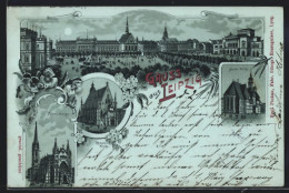 Lithographie Leipzig, Peterskirche, Thomaskirche, Nicolaikirche, Panorama  - Leipzig