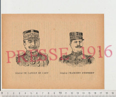 Gravure 1916 Général De Langle De Cary Portrait Général Franchet D'Esperey Grande Guerre 14-18 Armée Histoire - Unclassified