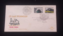 C) 1964. NETHERLANDS. FDC. SENT TO ENGLAND. DOUBLE STAMPS OF THE 125 YEARS OF THE RAILWAYS. XF - Autres & Non Classés