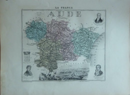 Gravure 19 ème.  Atlas Migeon  1893 CARTE DU DÉPARTEMENT  "Aude 11 ---( Prix Très Bas, Cause Retraite ) - Cartes Géographiques