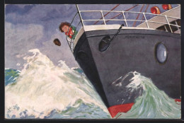 Künstler-AK H.S.B.: Kleiner Kerl An Deck Eines Schiffes Bei Stürmischer See, Scherz  - Other & Unclassified