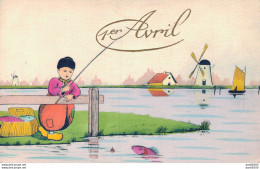 PREMIER AVRIL ILLUSTRATION CARTE DES PAYS BAS UN PECHEUR EN COSTUME TRADITIONNEL  UN MOULIN UN POISSON - Erster April