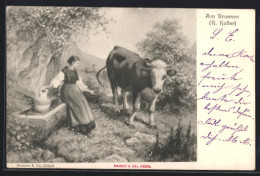 Künstler-AK Sign. R. Koller: Frau Mit Kuh Am Brunnen  - Andere & Zonder Classificatie