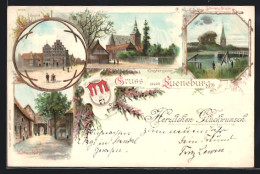 Lithographie Lüneburg, Sand, Rother Hahn, Klostergang & Wappen  - Lüneburg