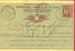 INTERO CARTOLINA-VAGLIA UMBERTO C.15 DA LIRE 6 (CAT. INT. 10) -VIAGGIATA DA CASTEL MAURO*24.MAR.94* PER PRIMALUNA - Stamped Stationery