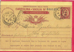 INTERO CARTOLINA-VAGLIA UMBERTO C.10 DA LIRE 5 (CAT. INT.6C)- ANNULLO TONDO RIQUADRATO "S.CATALDO*23.1.94*/(CALTANISSETT - Entiers Postaux