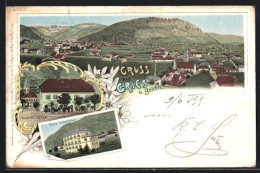 Lithographie Gries B. Bozen, Gasthof Z. Kreuz, Villa Pitscheider, Ortsansicht Aus Der Vogelschau  - Bolzano (Bozen)