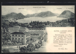Lithographie Lugano, Hotel Luzern Jura, Bahnhof  - Lugano