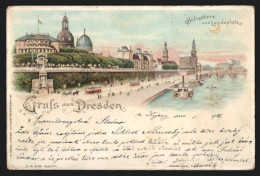 Lithographie Dresden, Panoramablick Mit Belvedere Und Landeplatz, Halt Gegen Das Licht  - Dresden