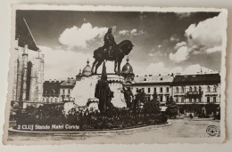 ROMANIA 1939 CLUJ - MATEI CORVIN STATUE, BUILDINGS, ARCHITECTURE, PARK, CARS, PEOPLE - Romania