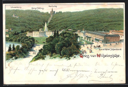 Lithographie Cassel, Wilhelmshöhe, Grand Hotel Schombardt, Blick Zum Herkules  - Autres & Non Classés