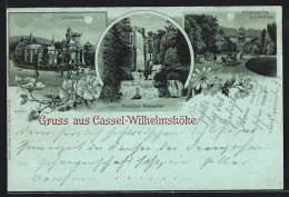 Lithographie Kassel-Wilhelmshöhe, Löwenburg, Aquaduct Wasserfall, Ortspartie Von Der Allee  - Kassel