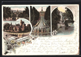 Lithographie Cassel-Wilhelmshöhe, Ortsansicht Von Der Allee, Löwenburg, Aquaduct-Wasserfall, Cascaden  - Other & Unclassified