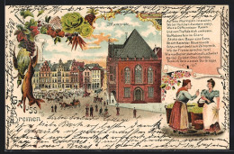 Lithographie Bremen, Pferdebahn Am Marktplatz, Frauen In Tracht  - Bremen