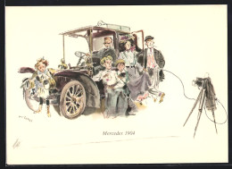 Künstler-AK Auto Mercedes 1904 Beim Gruppenfoto Der Familie  - Voitures De Tourisme
