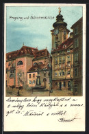 Lithographie Wien-Freyung, Freyung Mit Schottenkirche, Apotheke Und Brunnen  - Other & Unclassified