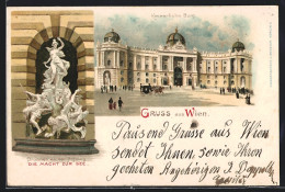 Lithographie Wien, Kaiserliche Burg Und Brunnen An Der Hofburg  - Autres & Non Classés