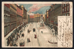 Lithographie Wien, Strassenbahn In Der Strasse Am Graben Im Schnee  - Autres & Non Classés