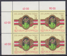 1984 , 200 Jahre Austria Tabak (1) ( Mi.Nr.: 1769 ) 4-er Block Postfrisch ** - Ungebraucht