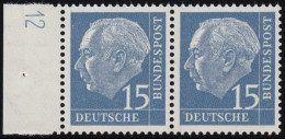 184y DZ Heuss 15 Pf Lumogen- Randpaar Druckerzeichen DZ 12 Positiv Ungefaltet ** - Unused Stamps