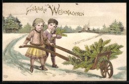 Präge-AK Fröhliche Weihnachten, Kinder Holen Tannenzweige Aus Dem Wald  - Sonstige & Ohne Zuordnung