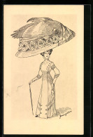 AK Frau Im Kleid Mit Grossem Hut, Mode  - Moda