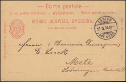 Schweiz Postkarte P 29A Mit DV X 93, ZÜRICH 23.4.1894 Nach Metz / Lothringen - Autres & Non Classés