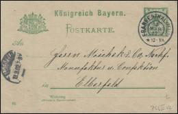 Bayern Postkarte Ziffer 5 Pf. FRANKENTHAL/Pfalz 12.3.02 Nach ELBERFELD 13.3.02 - Ganzsachen