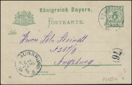 Bayern Postkarte Ziffer 5 Pf. VOHBERG 23.4.02 Nach AUGSBURG 2 / Kreisnummer 76 - Postwaardestukken