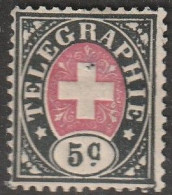 Schweiz: 1877, Mi. Nr. 7, Telegrafenmarke: 5 C. Schweizer Wappen;  Weißes Papier.   */MH - Telegraafzegels