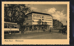 AK Halle / Saale, Riebeckplatz Mit Hotel Goldene Kugel, Strassenbahn  - Tramways