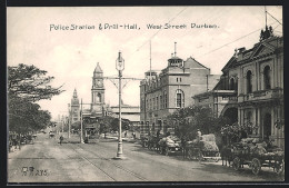 AK Durban, West-Street, Police Station & Drill-Hall, Strassenbahn  - Tramways