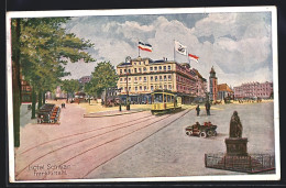 Künstler-AK Frankfurt A. M., Hotel Schwan Mit Denkmal Und Strassenbahn  - Tramways