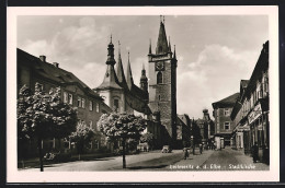 AK Leitmeritz-Litomerice A.d.Elbe, Stadtkirche, Automobile, Geschäfte  - Tchéquie