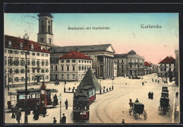 AK Karlsruhe, Marktplatz Mit Stadtkirche Und Strassenbahn  - Strassenbahnen