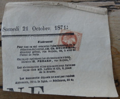 2 Centimes NAPOLEON III LAURE Sur Fragment De Journal Du 21 Octobre1871  ...... PHI ..... CL-1-5c - 1863-1870 Napoleon III With Laurels